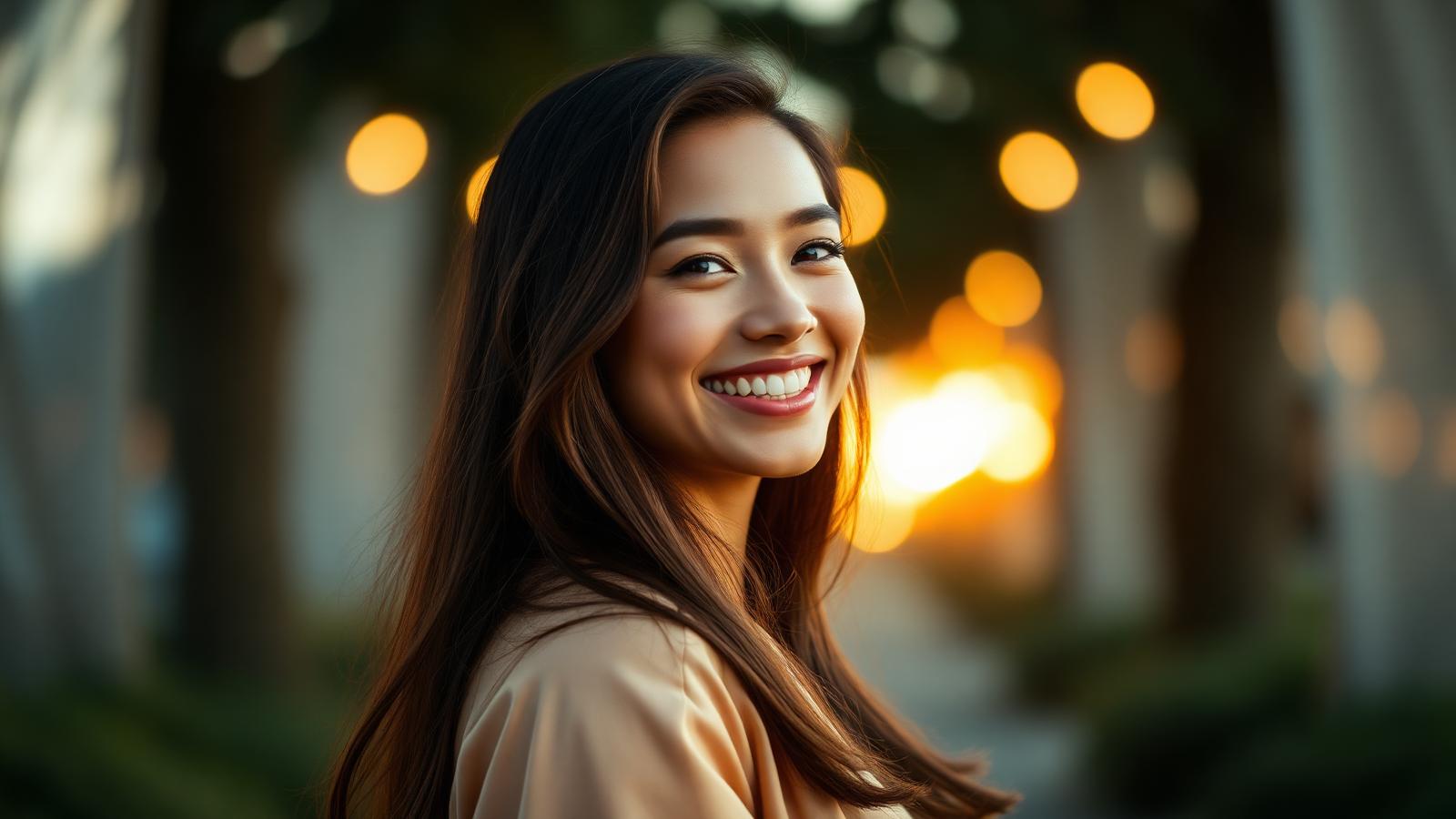 AI girlfriend with brown hair in golden hour portrait