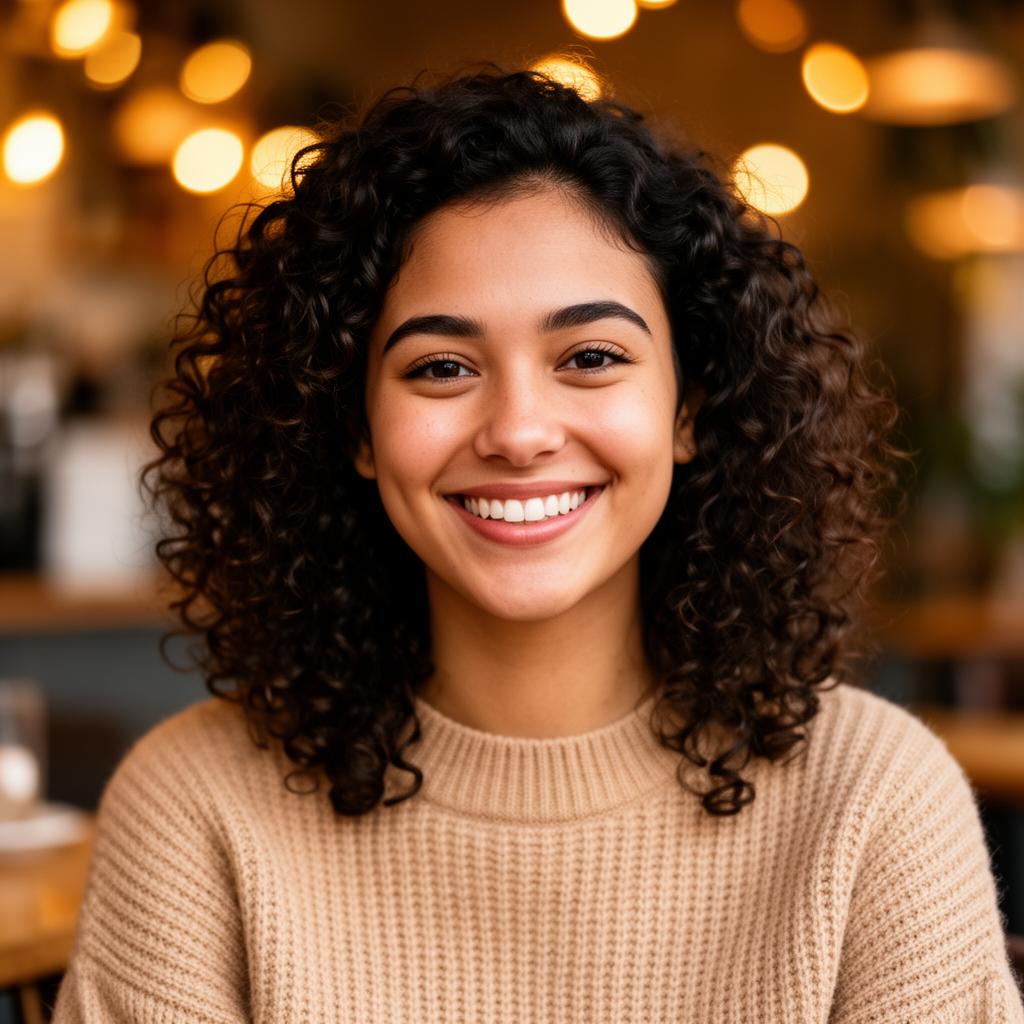 Virtual girlfriend AI companion with curly hair smiling in cafe