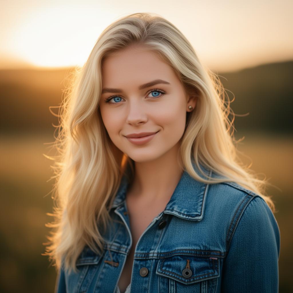 AI chat girlfriend with blonde hair in outdoor sunset portrait